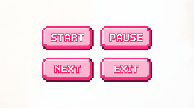 Pixelated Game Controls: A set of four pink, pixelated buttons &ndash; START, PAUSE, NEXT, and EXIT &ndash; are displayed on a pale background, evoking a retro gaming aesthetic.