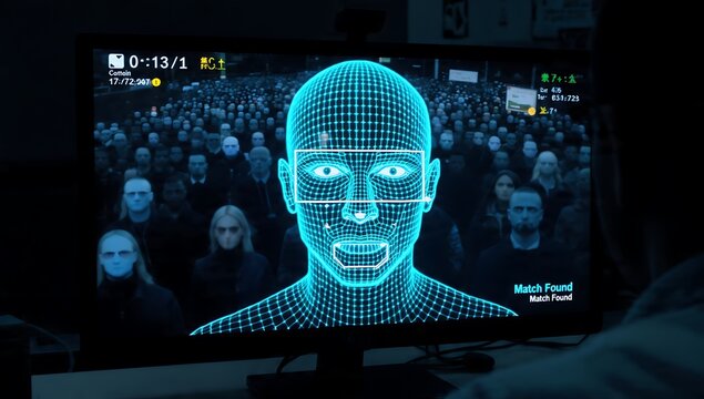 AI Facial Recognition System Displaying Wireframe Scan and Crowd Surveillance