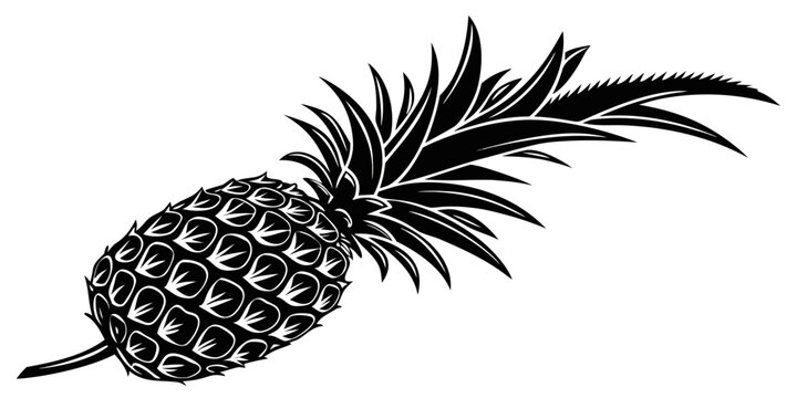 Black pineapple silhouette with spiky leaves on white background, tropical fruit monochrome