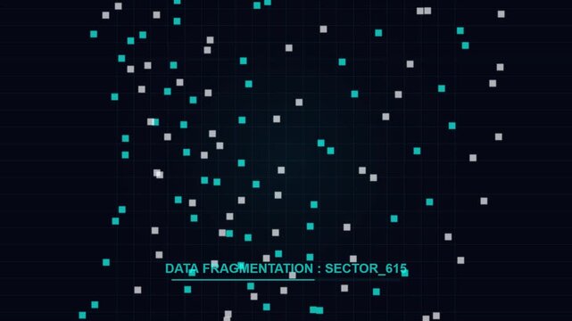 Digital Data Fragmentation Animation with Glowing Squares and Grid