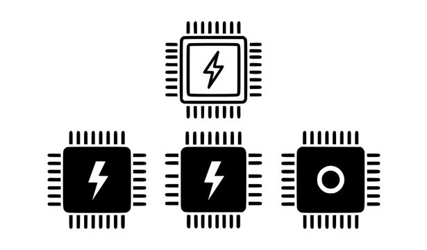 Contemporary processor microchip icon pack with monochrome technology symbols flat vector isolated