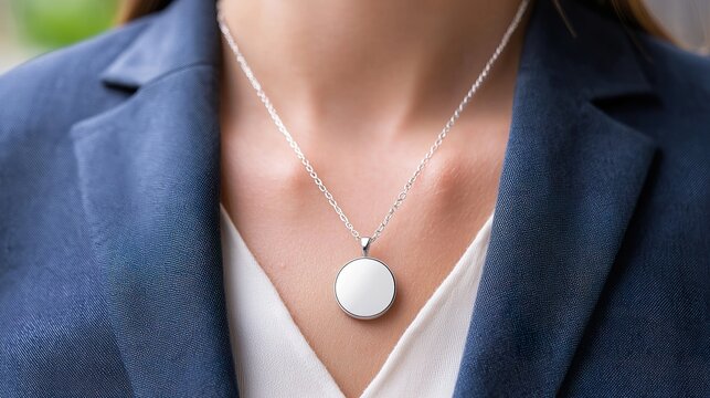 Wearable air purifier integrated into a stylish necklace, person walking in urban environment, subtle device, discreet protection.