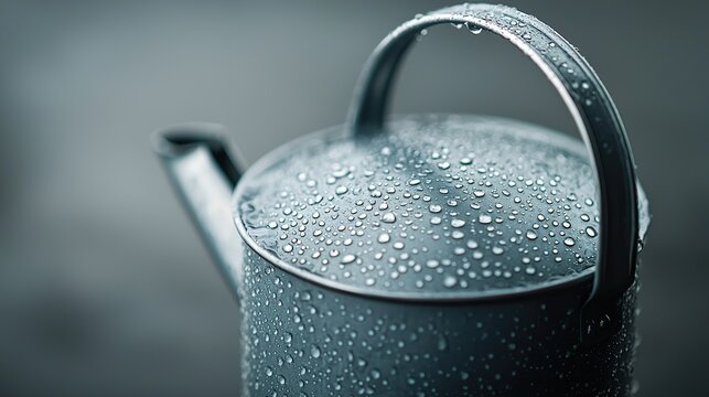 Watering can spout detail, water droplets, metallic finish,