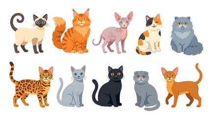 Fototapeta premium Collection of Diverse Cat Breeds: A charming assortment of ten distinct cat breeds, showcasing a variety of fur types, colors, and body structures, arranged in two neat rows.