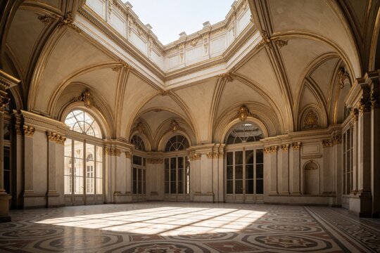 Large empty ballroom with vaulted ceiling, gold trim details. Historic interior architecture features arched windows, marble patterned floor in luxury palace hall. Sunny light illuminates classic
