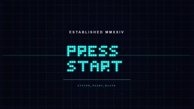 Digital press start message appearing on a retro gaming grid background