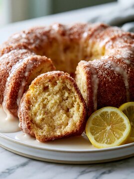Lemon drizzle sponge cake displayed on a white plate with a slice cut out, garnished with fresh lemon slices and a light glaze, set against a blurred background