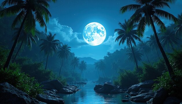 Full moon shines on tropical jungle river. Palm trees line banks under starlit sky. Lush green foliage surrounds calm water reflecting moonlight creating peaceful night scene.
