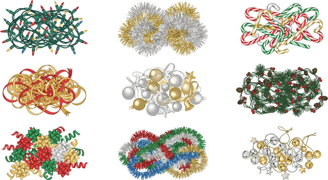 Christmas decoration elements vector set with string lights, tinsel, candy canes, and baubles