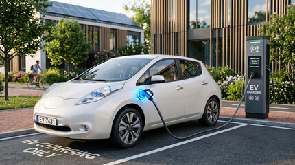 Naklejka premium Electric Vehicle Charging Station: A white electric car is plugged into a charging station, symbolizing a commitment to sustainable transportation and a greener future.