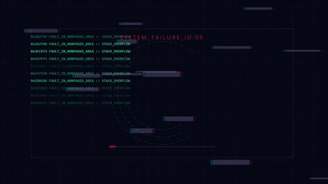 Digital system crash interface displaying critical server error logs