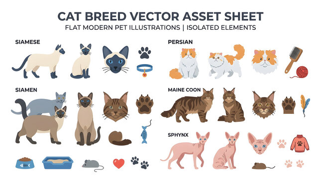 Cat Breed Vector Asset Sheet: A comprehensive collection of flat modern pet illustrations showcasing various cat breeds like Siamese, Persian, Maine Coon, and Sphynx, alongside accessories and icons.