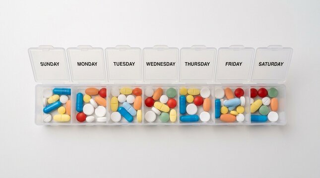 Weekly pill organizer with each compartment neatly filled | Healthcare Stock Photo