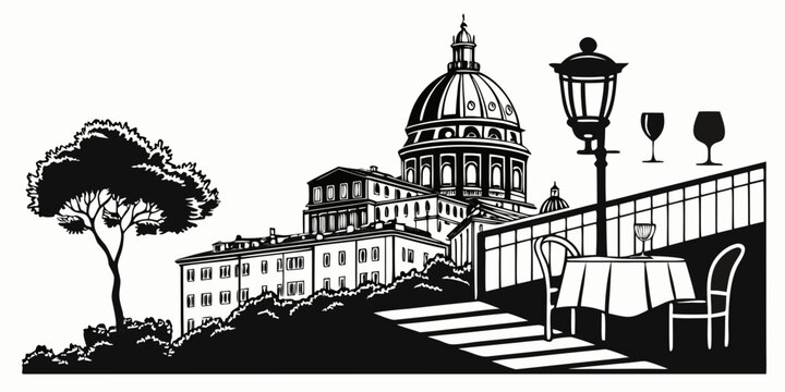 Black silhouette of restaurant serving set with capitol building background fork