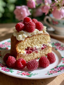 Raspberry and cream sponge cake slice on floral plate with fresh raspberries, soft focus background featuring pink flowers and a teacup
