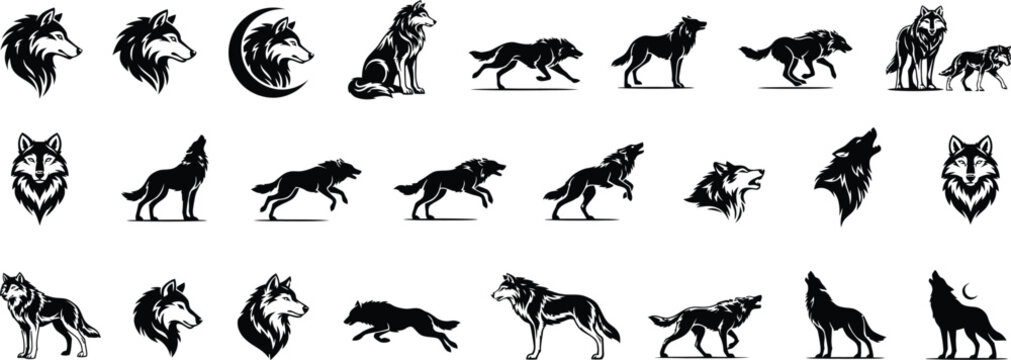 Collection of black wolf silhouettes in various poses and styles