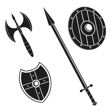 Black silhouettes of ancient sword, axe, mace, and halberd