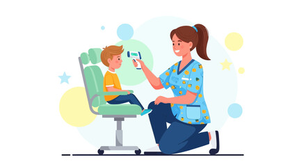 Fototapeta premium Nurse checks child's temperature with infrared thermometer, pediatric healthcare concept