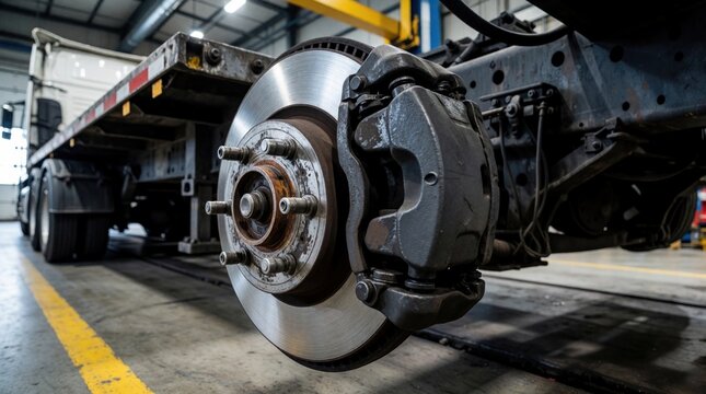 Mechanic repairs truck trailer axle disk brake in service station shop. Pro automotive technician performs maintenance on hydraulic wheel system. Heavy vehicle steel component detail shows calipers,