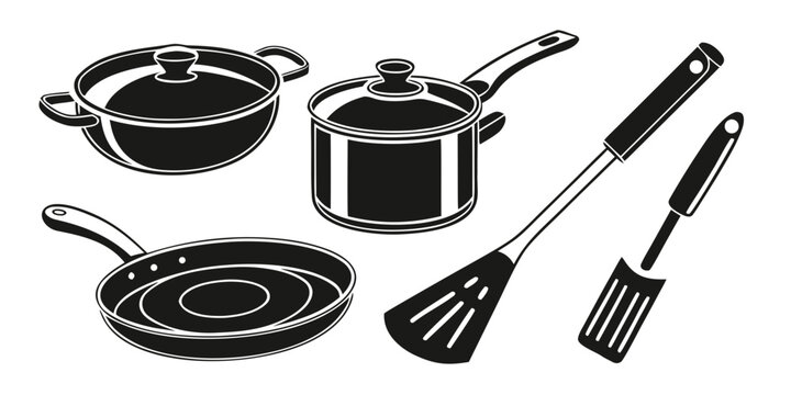 Black silhouettes of kitchen cookware, utensils, and accessories set pots pans frying pan