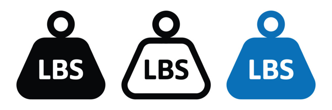 Weight icons illustrating LBS pound measurement, body weight monitoring, fitness tracking, gym workout, and strength training symbols in outline and solid styles with clean minimalist vector graphics 