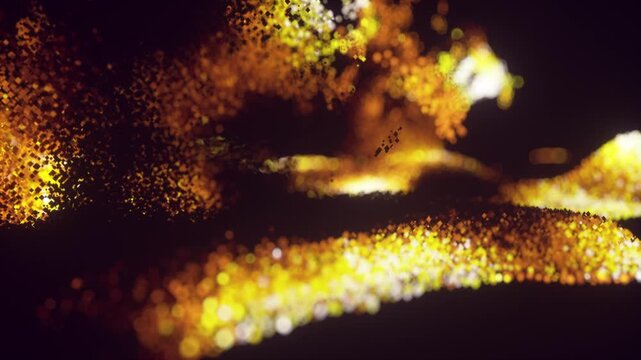 Abstract Particles voxel shift and change in shape and color creating dynamic patterns across the dark background with fire tones