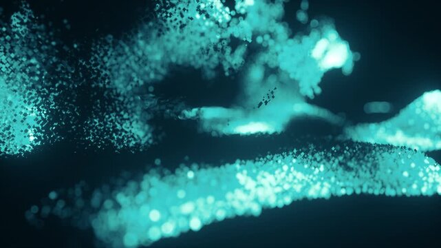 Bright blue Particles travel through an abstract background, creating an engaging visual display with liquidy voxel shapes
