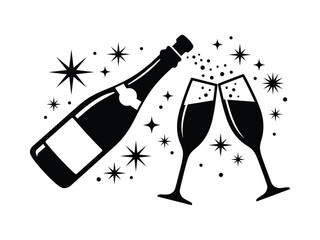 Fototapeta premium Black silhouette of champagne bottle and glasses with sparkling stars on a white background for celebration concepts