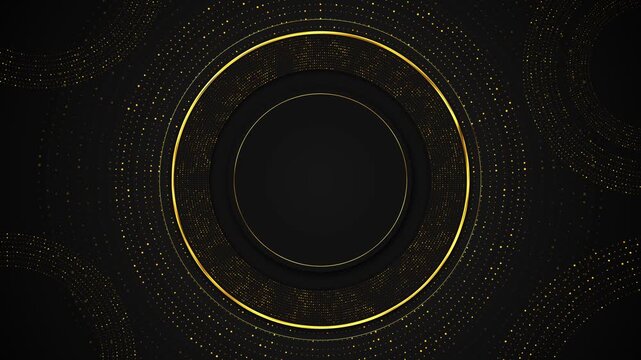 Black gold circular dotted elegant rings, tiny golden particles, dark center space, luxury abstract pattern. premium videos, award intros, brand reveals, event titles, classy motion graphics.