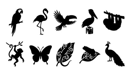 Obraz premium Animals Silhouettes Including Parrot, Flamingo, Toucan, Pelican, Sloth, Monkey, Butterfly, Lizard, Peacock, and More