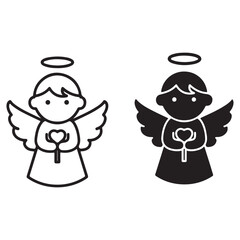 Fototapeta premium Angel vector icon set with halo wings and heart in outline and silhouette style for spiritual and religious design