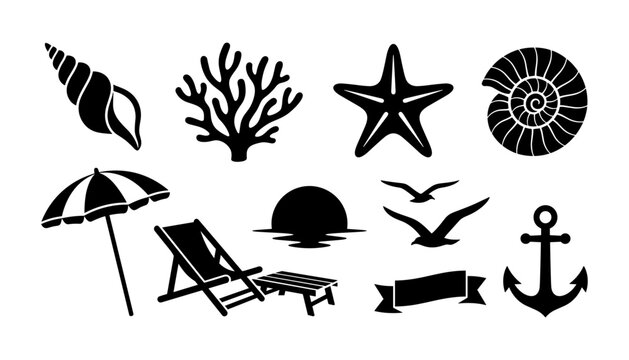Beach Icons Including Seashell, Starfish, Coral, Umbrella, Deck Chair, Sun, Birds, Anchor, and Ribbon