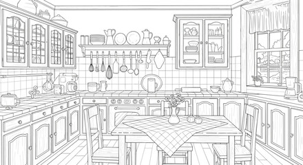 Fototapeta premium Detailed line art illustration of a cozy rustic kitchen interior scene