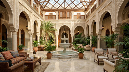 Fototapeta premium Luxurious Moroccan Courtyard with Fountain and Tropical Plants | Interior Design