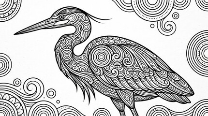 Obraz premium Intricate black and white heron line art illustration.