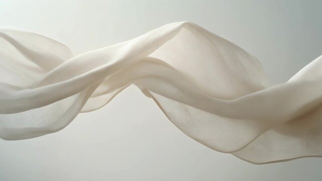 Ethereal off-white fabric gracefully floats and flows, creating soft, translucent waves and delicate textures against a minimalist background, embodying lightness