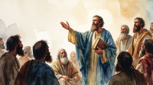 Apostle Paul speaks to group of ancient men in historical setting. Biblical figure holds book, preaches with hand gesture. Watercolor art religious sermon for crowd. People listen to missionary