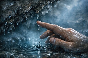 Fototapeta premium A hand outstretched, trying to grasp a single drop of water