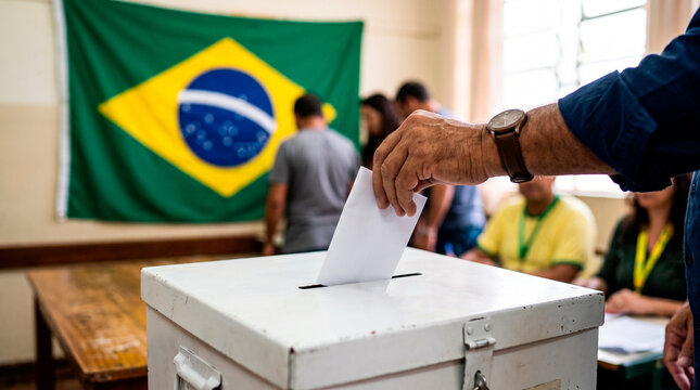 Close-up of a Brazilian citizen's hand voting in a polling booth, with the national flag in the background.