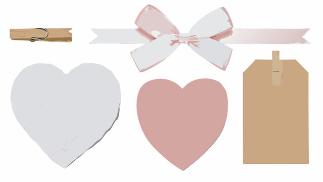 Wooden clothespin ribbon bow heart shapes and gift tag elements on a white background bowknot cardboard celebration