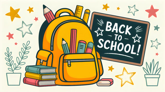 Bright back to school illustration with backpack supplies and chalkboard for educational resources