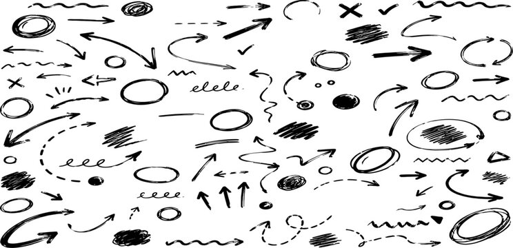 Hand Drawn Doodle Arrows, Scribble Circles, Check Marks and Sketch Annotation Elements Vector Set