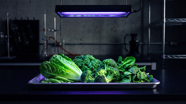 Fresh green vegetables under ultraviolet grow light in a dark laboratory setting.
