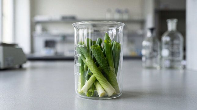 Fresh green scallions arranged inside a clear glass beaker.