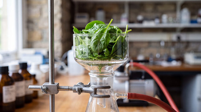 Fresh spinach leaves in a glass laboratory filter funnel.