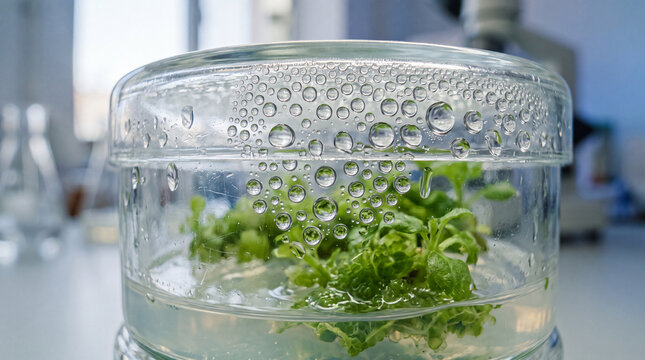 Green plant sprouts growing inside a glass container in a laboratory setting.