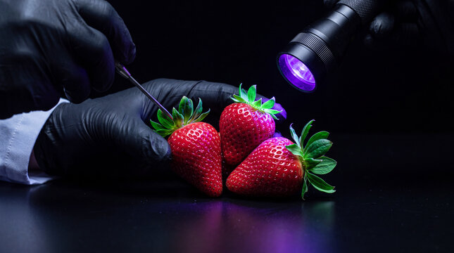 Scientist in black gloves examining strawberries under ultraviolet light.