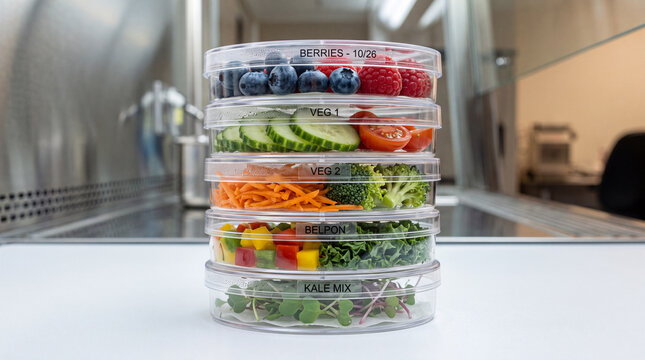 Stack of transparent food containers filled with fresh healthy vegetables and berries.