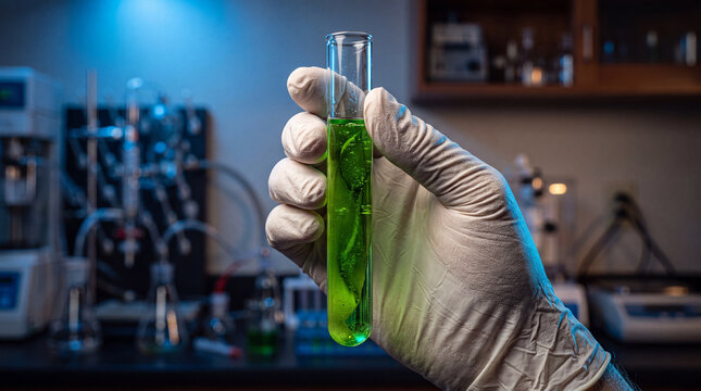 A hand wearing a protective latex glove holding a green liquid in a glass test tube.