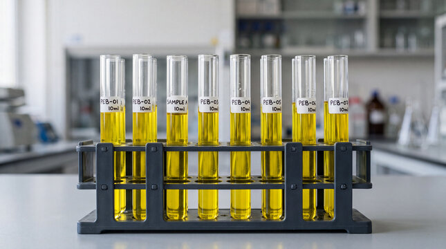 A rack of test tubes containing yellow liquid in a laboratory setting.